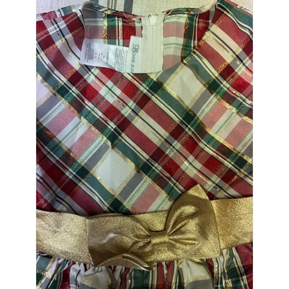 NWT Bonnie Jean Girls Size 8 Christmas Metallic Plaid Holiday Dress Gold Bow